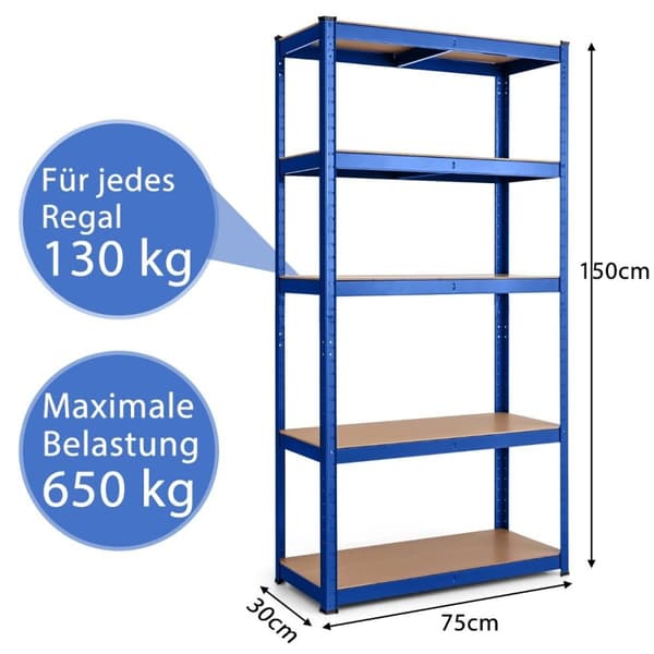 5 nivåer oppbevaringsstativ med metallramme, metallstativ, lastekapasitet opptil 650 kg, 75 x 30 x 150 cm, blå