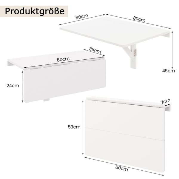Vægmonteret klapbord Pladsbesparende køkkenbord Foldebart vægbord 80 x 60 cm Hvid