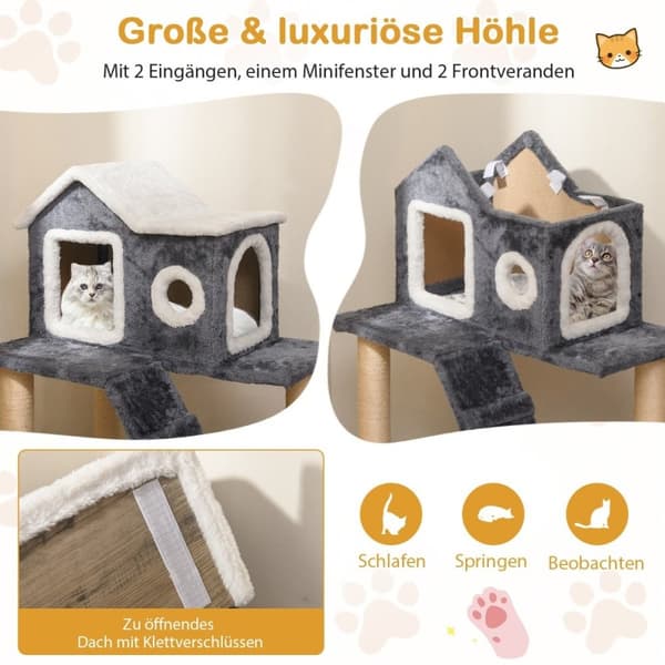 90 cm høy skrapestolpe med stor hule og stige og sisalstolper Cat Tree Klatretre Grå
