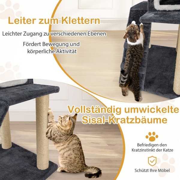 90 cm høy skrapestolpe med stor hule og stige og sisalstolper Cat Tree Klatretre Grå