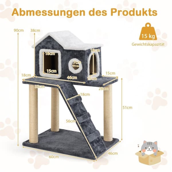 90 cm høy skrapestolpe med stor hule og stige og sisalstolper Cat Tree Klatretre Grå