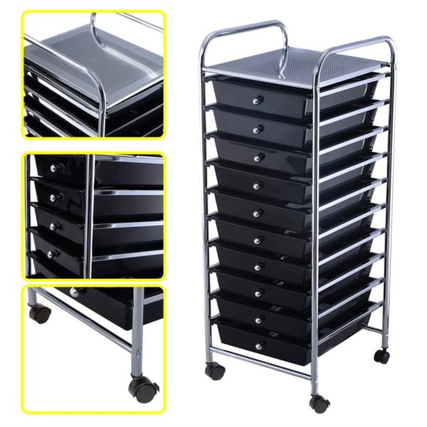 Rullevogn, rullecontainer, badeværelsesvogn, badeværelsesvogn, sidevogn med 10 skuffer, sort