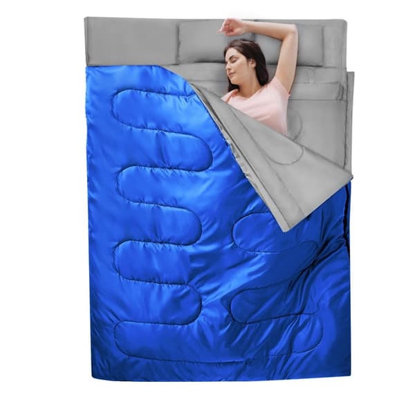 Goplus dobbelt sovepose 2 personer XL tæppe sovepose sovepose med 2 puder sort/blå 220 x 150 cm-blå
