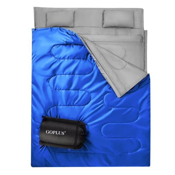 Goplus dobbelt sovepose 2 personer XL tæppe sovepose sovepose med 2 puder sort/blå 220 x 150 cm-blå