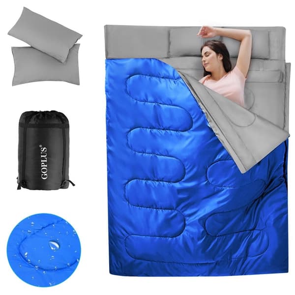 Goplus dobbelt sovepose 2 personer XL tæppe sovepose sovepose med 2 puder sort/blå 220 x 150 cm-blå