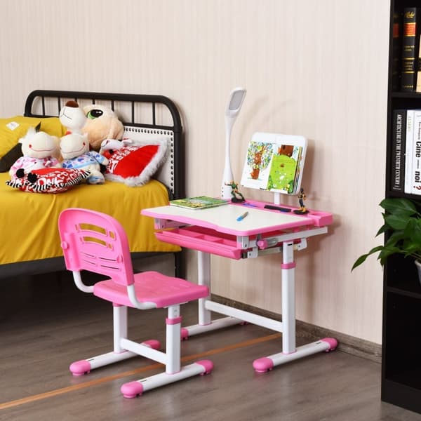 Barnskrivbord, lutningsbart, studentbord med lampa och stol, val av färger: rosa
