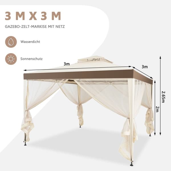 Havepavillon havetelt camping festtelt med 4 sidevægge 300 x 300 x 265 cm beige