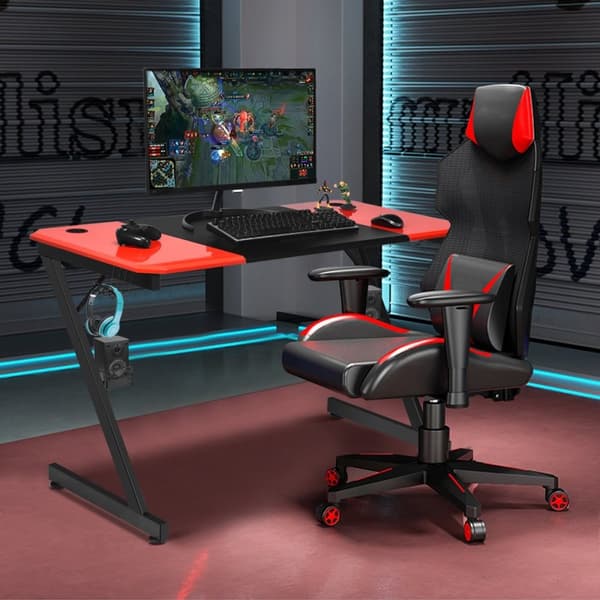 Z-formet gaming bord computer bord PC bord med kopholder hovedtelefonkrog & højttaler stativ skrivebord sort/rød