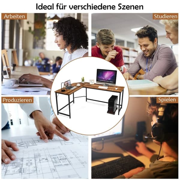 L-formet datamaskinbord PC hjørne skrivebord vinkelbord svart/naturlig 168 x 125 x 74 cm kaffe