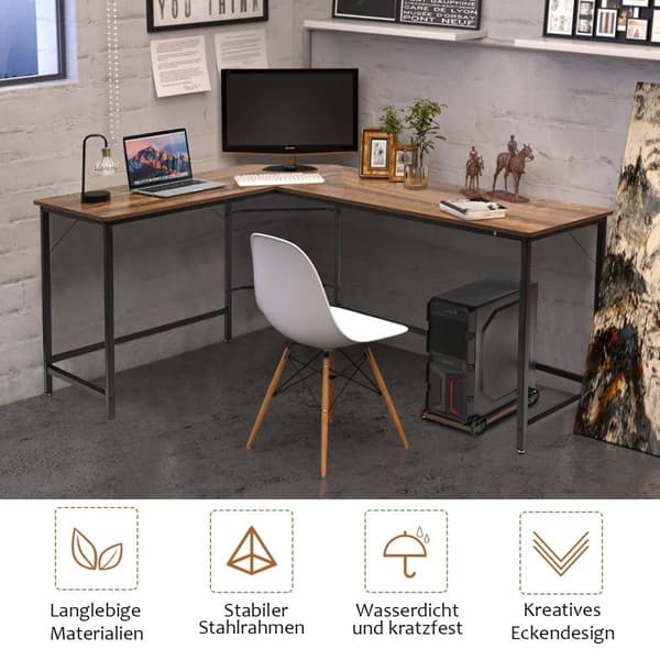 L-formet datamaskinbord PC hjørne skrivebord vinkelbord svart/naturlig 168 x 125 x 74 cm kaffe