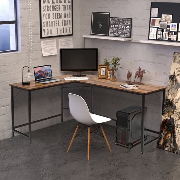 L-formet datamaskinbord PC hjørne skrivebord vinkelbord svart/naturlig 168 x 125 x 74 cm kaffe