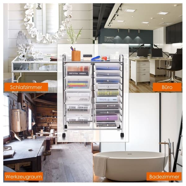 Vogn med 15 stablebare skuffer Rullebeholder sidevogn med 15 skuffer Farget/Sort 63 x 37 x 87 cm-Transparent