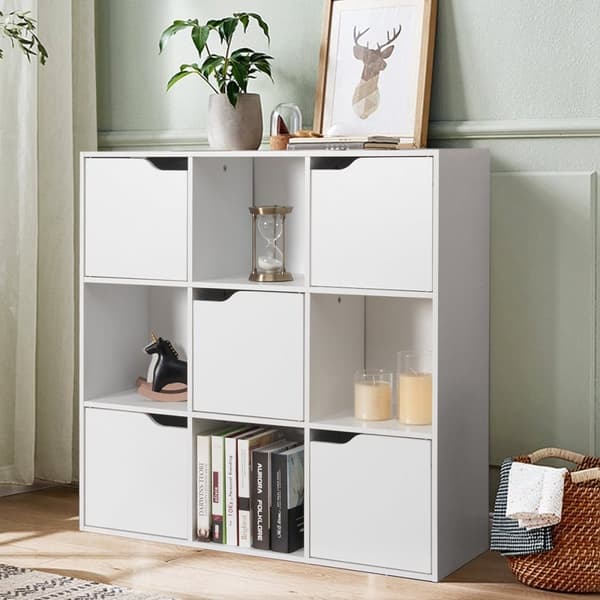 9 rum Opbevaring Organizer Hylde med låger Fritstående træ bogreol-Hvid