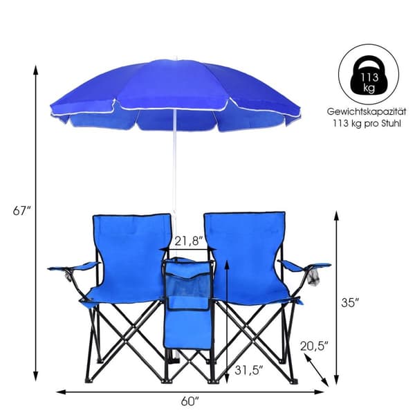 Sammenklappelig campingstol med parasol til 2 personer, klapstol til par, dobbelt fiskestol, foldbar med kopholder, køletaske, blå