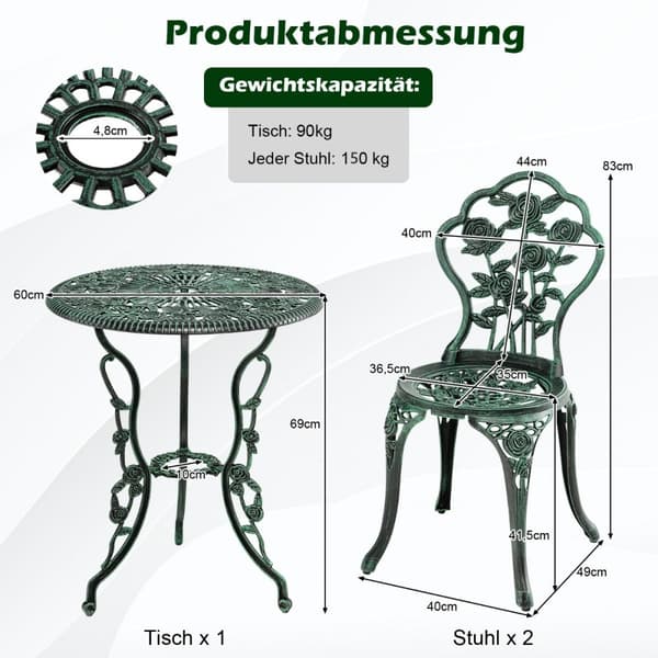 3 stk Antikt bistrosett rosedesign sittegruppe balkongsett hagesett med 2 stoler