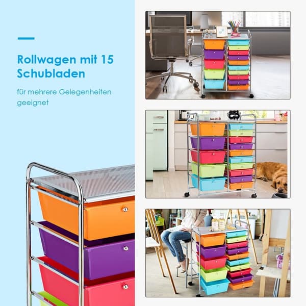 Vogn med 15 stablebare skuffer, rullebeholder, sidevogn, fargerik/gul, 62,5 x 37 x 87 cm, fargerik