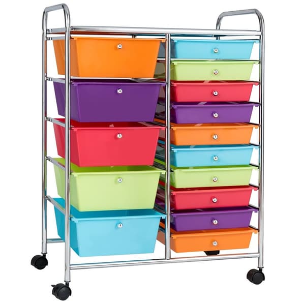 Vogn med 15 stablebare skuffer, rullebeholder, sidevogn, fargerik/gul, 62,5 x 37 x 87 cm, fargerik