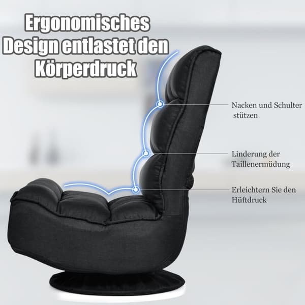 Avslappingsstol, justerbar, sammenleggbar stol, roterbar gulvstol, sofastol, gulvpute, svart