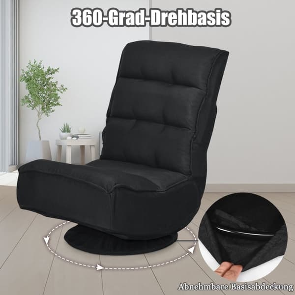 Avslappingsstol, justerbar, sammenleggbar stol, roterbar gulvstol, sofastol, gulvpute, svart
