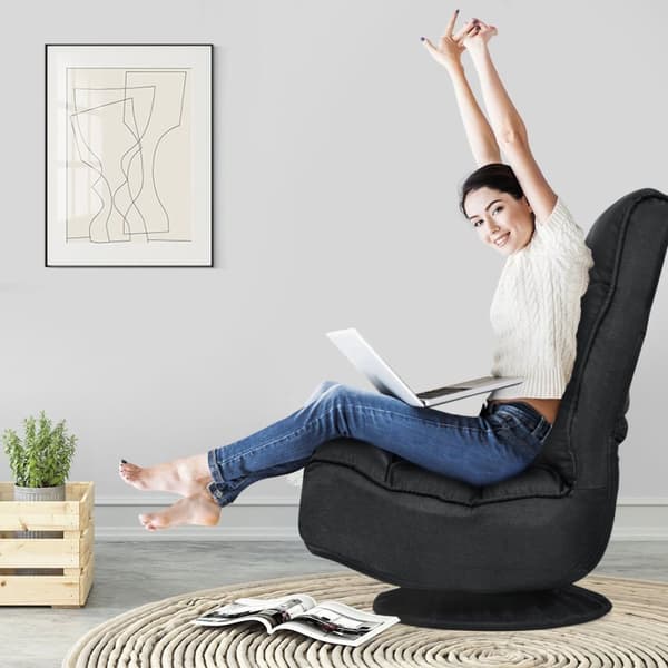Avslappingsstol, justerbar, sammenleggbar stol, roterbar gulvstol, sofastol, gulvpute, svart