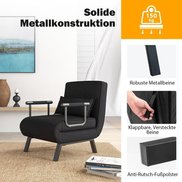 Nojatuolisänky sänkytoiminnolla, kokoontaitettava sohva, vuodesohva säädettävällä selkänojalla ja irrotettavalla tyynyllä, musta