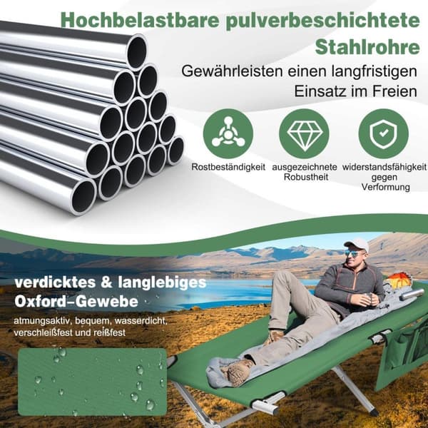 Campingseng feltseng sammenklappelig campingseng enkeltseng foldeseng med sidelomme 190 x 73 x 42cm grøn