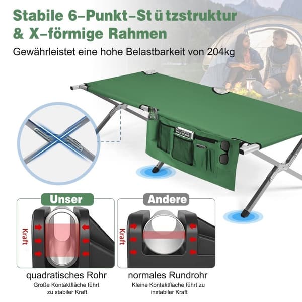 Campingseng feltseng sammenklappelig campingseng enkeltseng foldeseng med sidelomme 190 x 73 x 42cm grøn
