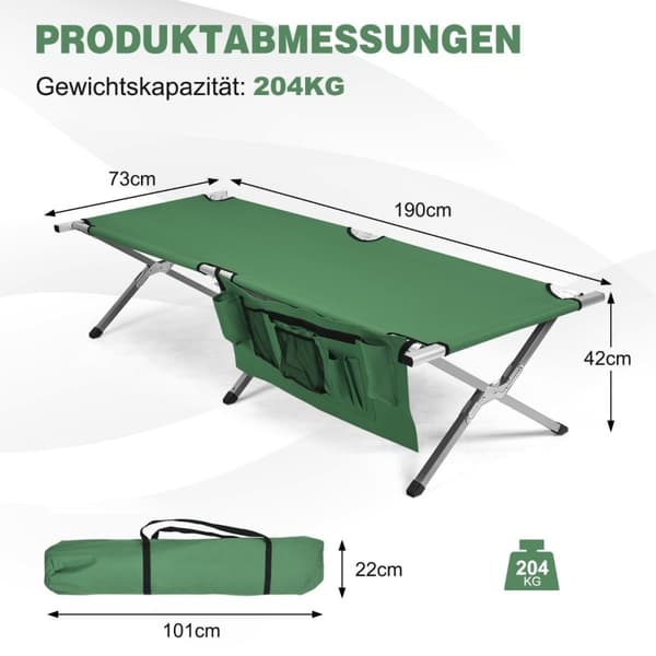 Campingseng feltseng sammenklappelig campingseng enkeltseng foldeseng med sidelomme 190 x 73 x 42cm grøn