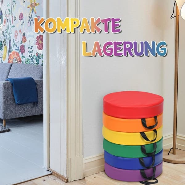 Sarja 6 pyöreää lasten tuolityynyä, lattiatyynyä, istuintyynyä