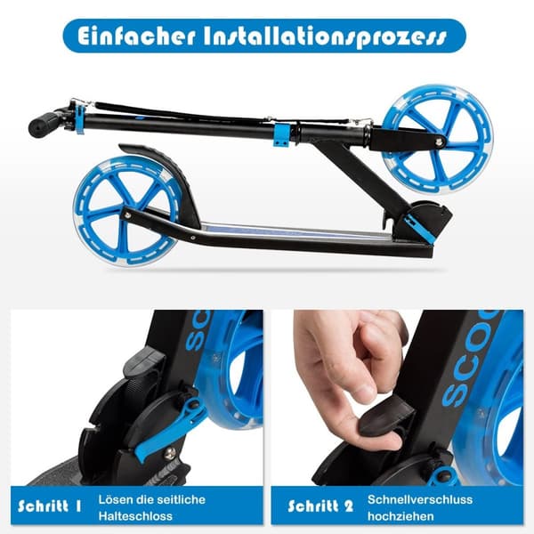Scooter hopfällbar sparkscooter höjdjusterbar 100 kg lastkapacitet sparkscooter med 2 LED-hjul blå