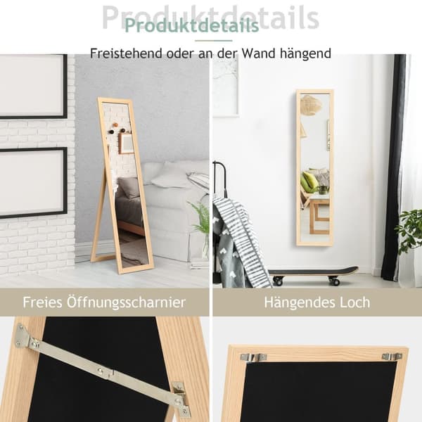 2 in 1 täyspitkä peili, seisova peili ja seinäpeili puukehyksellä 37 x 155 cm luonnollinen
