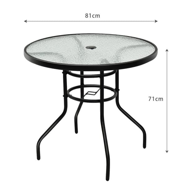 Bistrobord av metall med paraplyhål och förtjockad glasskiva trädgårdsbord glasbord svart