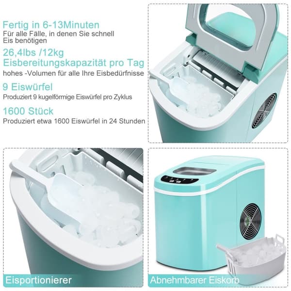 Ismaskin Bærbar ismaskin med 2,2 L vanntank 24 x 33 x 36 cm Grønn