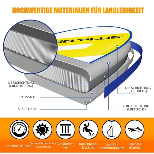 SUP Board Uppblåsbar Stand Up Paddle Board Lättviktsbräda 335 x 76 x 15 cm Blå + Gul + Vit