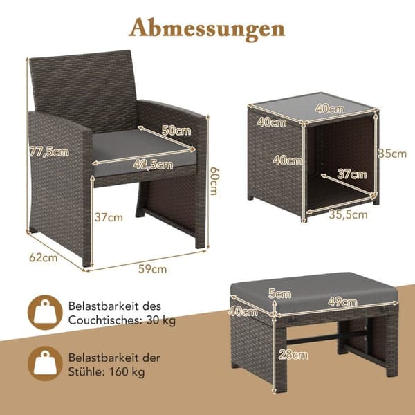 Sett med 5 Rotting Møbelsett Møbel Patio Sittesett Brun + Grå