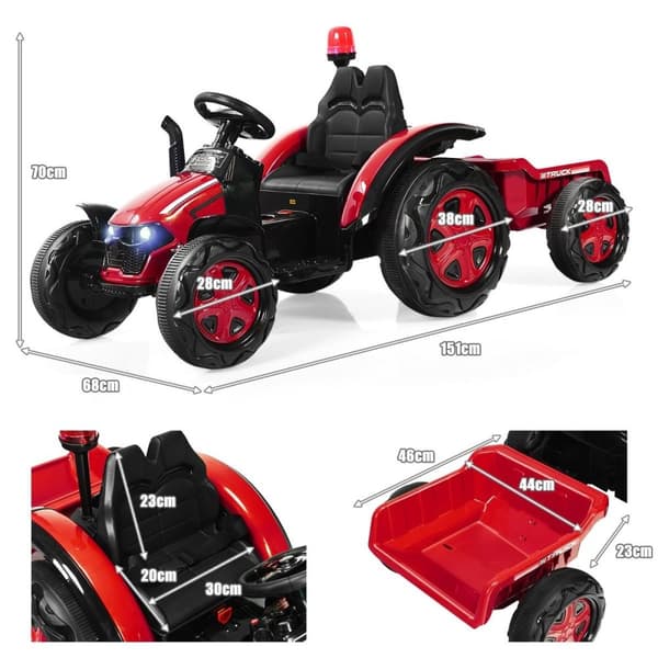 12V traktor barnetraktor med flyttbar tilhenger 151 x 68 x 70 cm rød