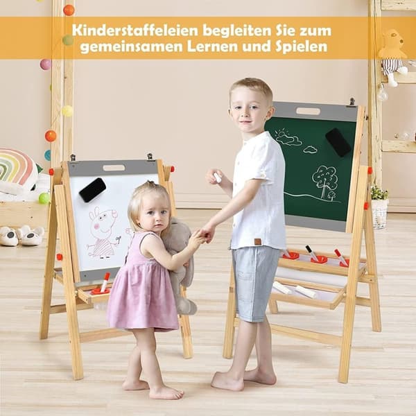 Taitettava 3 in 1 lasten lauta, korkeussäädettävä puulauta 50,5 x 53,5 x 79-104 cm luonnollinen + harmaa