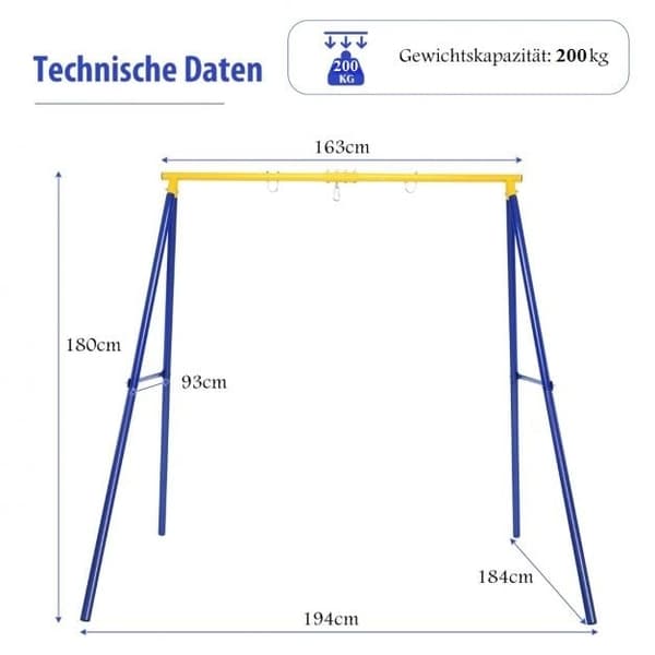 Robust huskestativ i metall A-ramme hagestamme 194 x 184 x 180 cm blå + gul