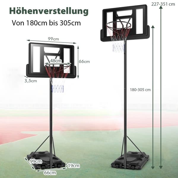 Basketballstativ 180-305 cm høydejusterbar basketballkurv med stativ og 2-hjuls kurvsystem for barn