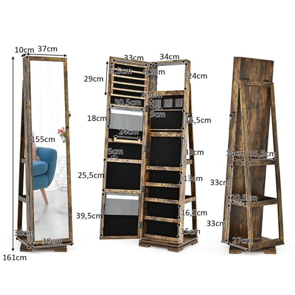 2 i 1 smykkeskap og stigehylle med speil i full lengde 39 x 39 x 161 cm brun