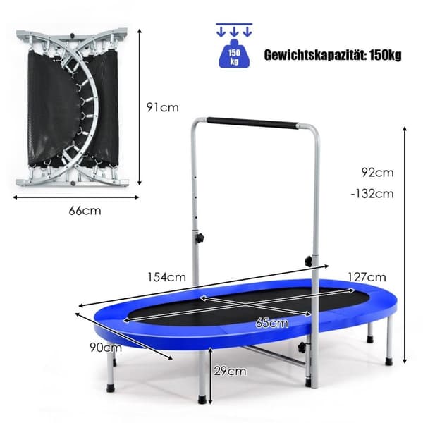 2 personers trampoline med høydejusterbart håndtak mini trampoline 154 x 90 x 92 -132 cm blå