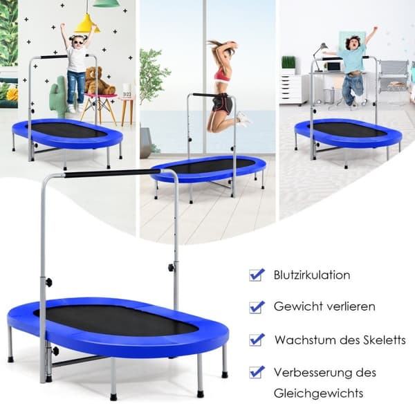 2 personers trampoline med høydejusterbart håndtak mini trampoline 154 x 90 x 92 -132 cm blå