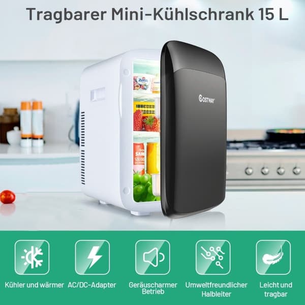 15 L Minikjøleskap 2 i 1 Kjøle- og oppvarmingsfunksjon Bærbar fryser 27 x 33 x 38 cm Hvit + Sort Energiklasse E