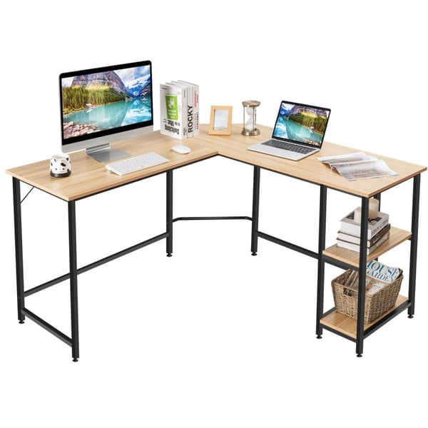 L-formet skrivebord hjemmekontor med 2 hyller 138 x 60 x 75 cm naturlig