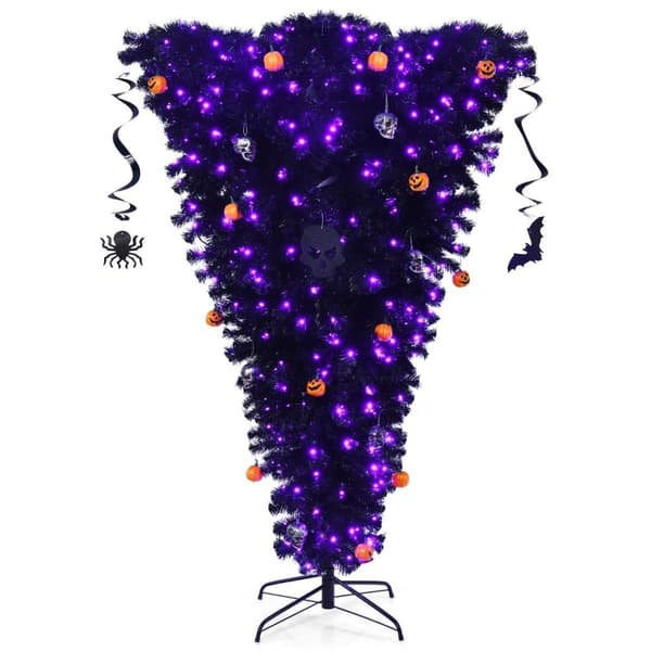 180 cm musta keinotekoinen joulukuusi valaistu Halloween-puu 270 violetilla LED-valolla