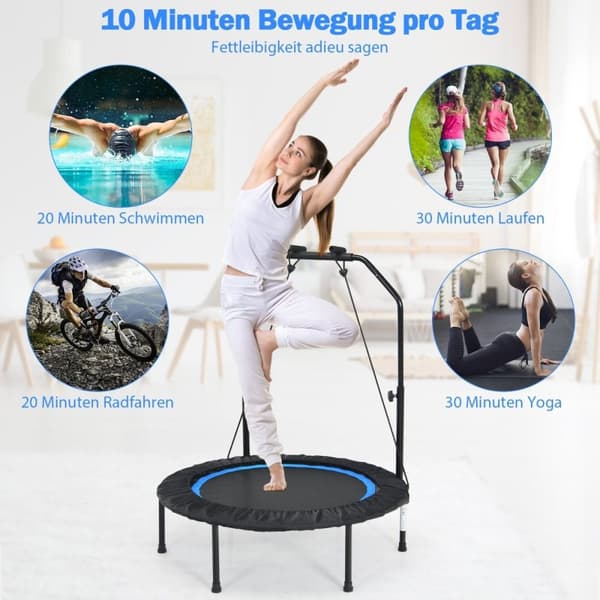 Ø101 cm trampoline med 2 motstandsbånd mini trampoline med høydejusterbart håndtak svart + blå