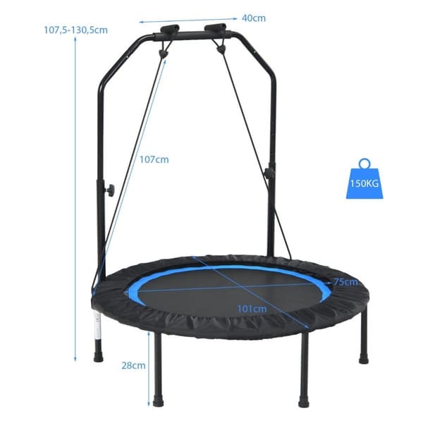 Ø101 cm trampoline med 2 motstandsbånd mini trampoline med høydejusterbart håndtak svart + blå