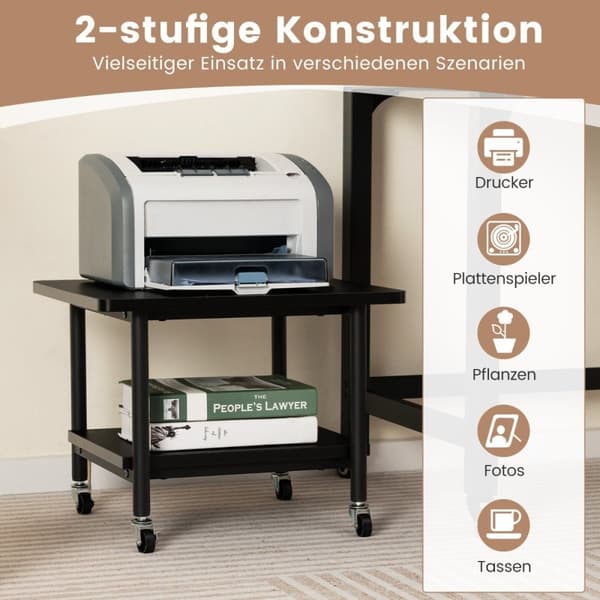 Printerbord med 2 niveauer og låsbare hjul, printerstander, printervogn, sort