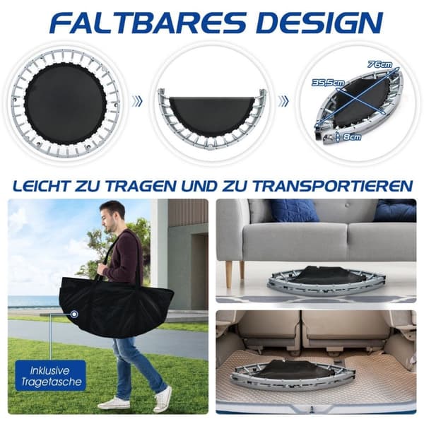 Ø101 cm kokoontaittuva minitrampoliinifitness trampoliini korkeussäädettävällä kahvalla sininen + musta