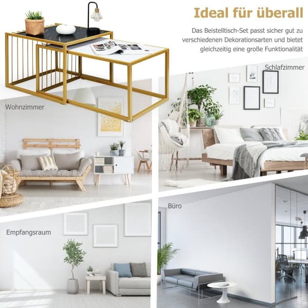 2 x sidobordsset, soffbord, modernt sidobord i marmor, gul + svart + vit